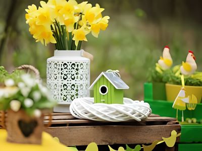 outdoor easter table decoration with houseplant